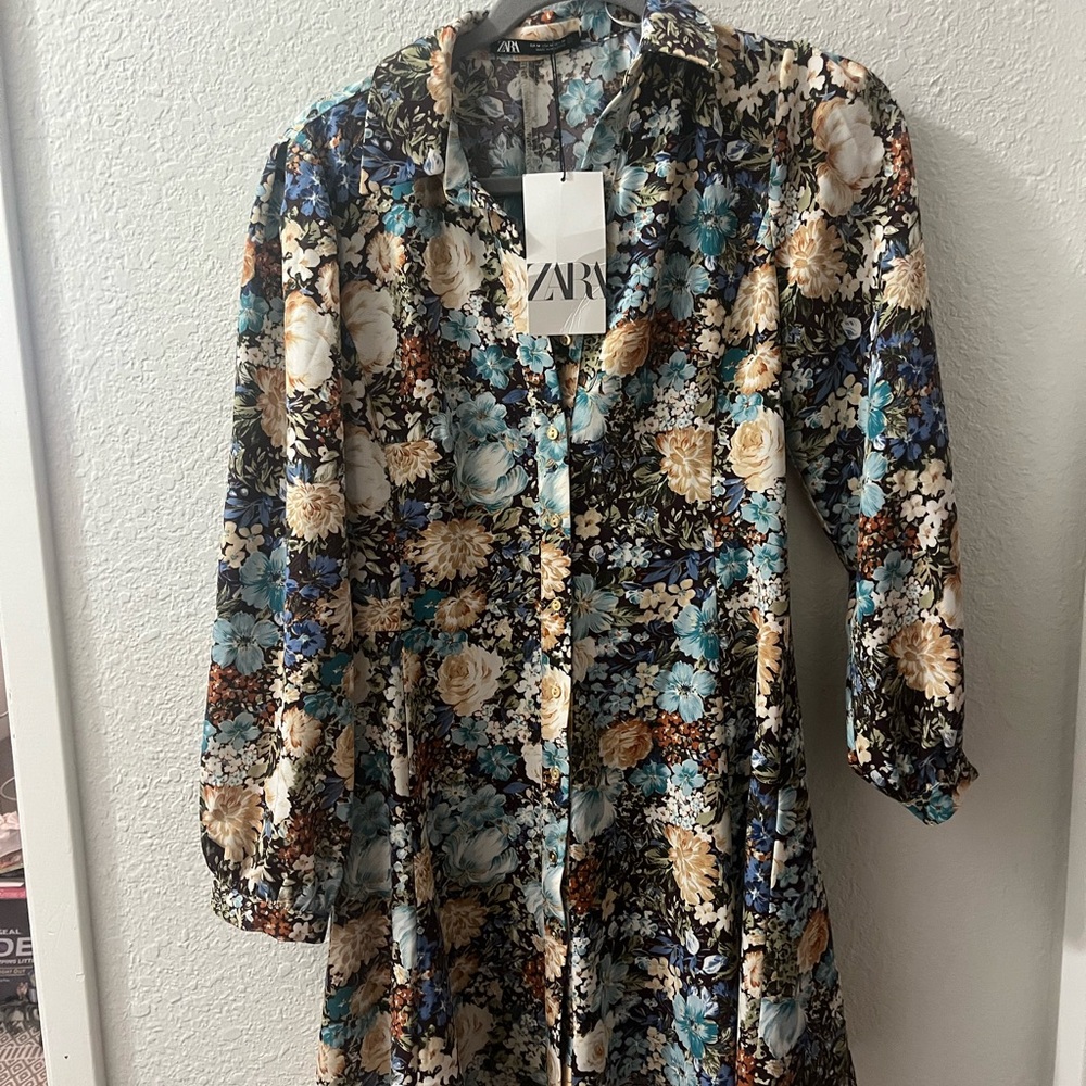Zara Blue Cream Bishop Sleeve Shirt Dress